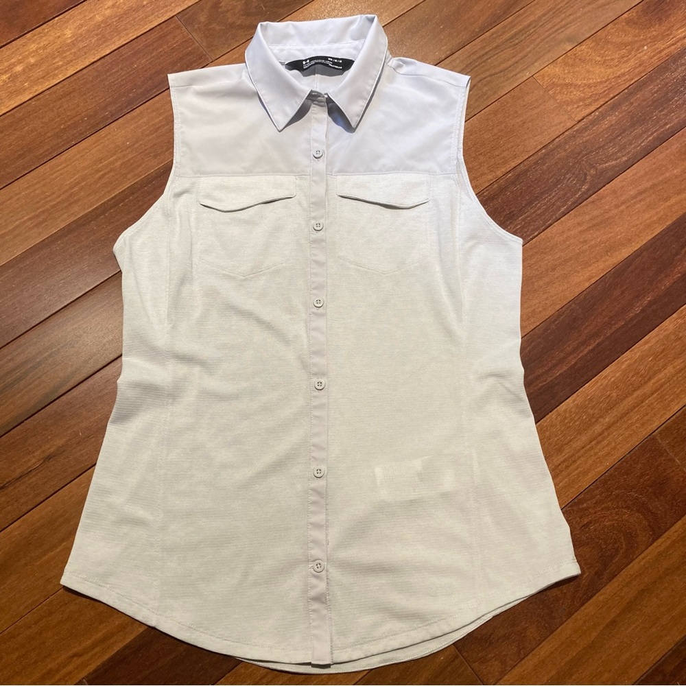 Under Armour Sleeveless White Stripe ButtonUp Heatgear Shirt Golf Tennis Size M